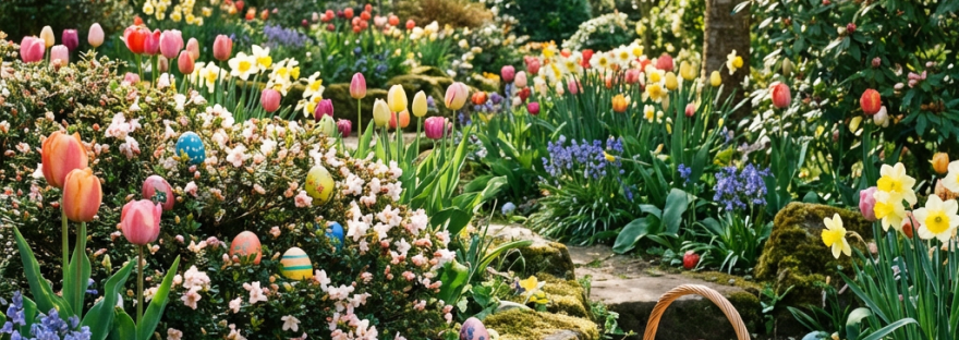 Basket of colorful Easter eggs on stone path in blooming spring flower garden