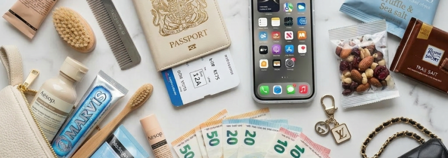 Travel items including UK passport with boarding pass, smartphone, Euro banknotes and coins, toiletry bag with brush and cream, and snacks on wooden table