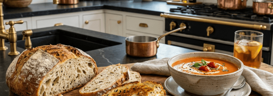 Grilled cheese sandwiches, tomato soup, sliced rustic bread, and iced tea